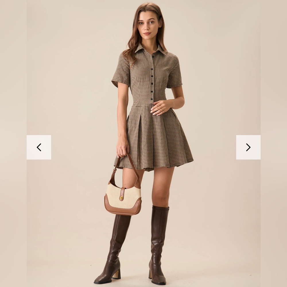 Brown Plaid Lapel Pleated Mini Dress